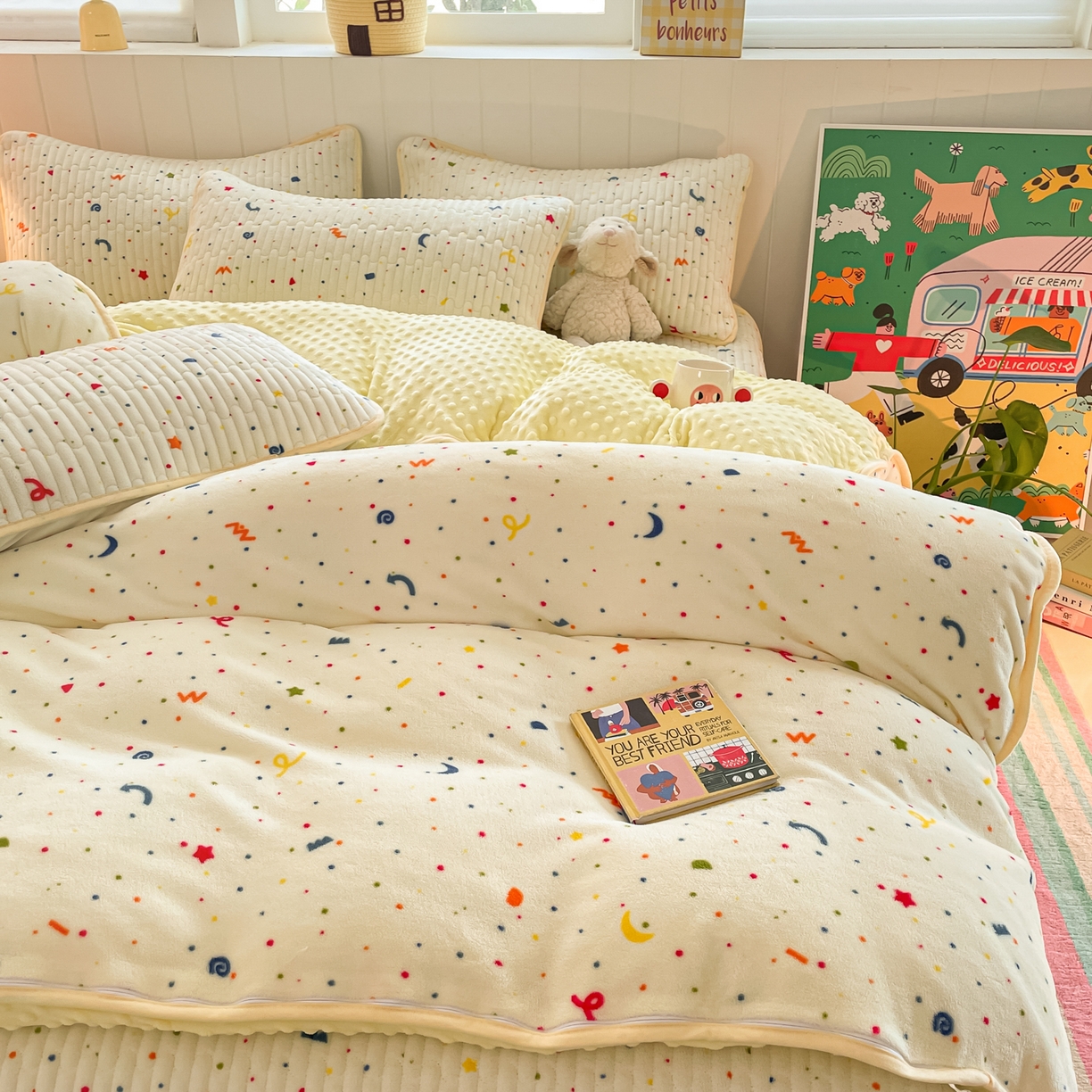 91家纺网 家纺一手货源 找家纺 贝扬思家纺 2025新款高克重牛奶绒豆豆被套床盖四件套-悦心系列 悦心-芝士酪