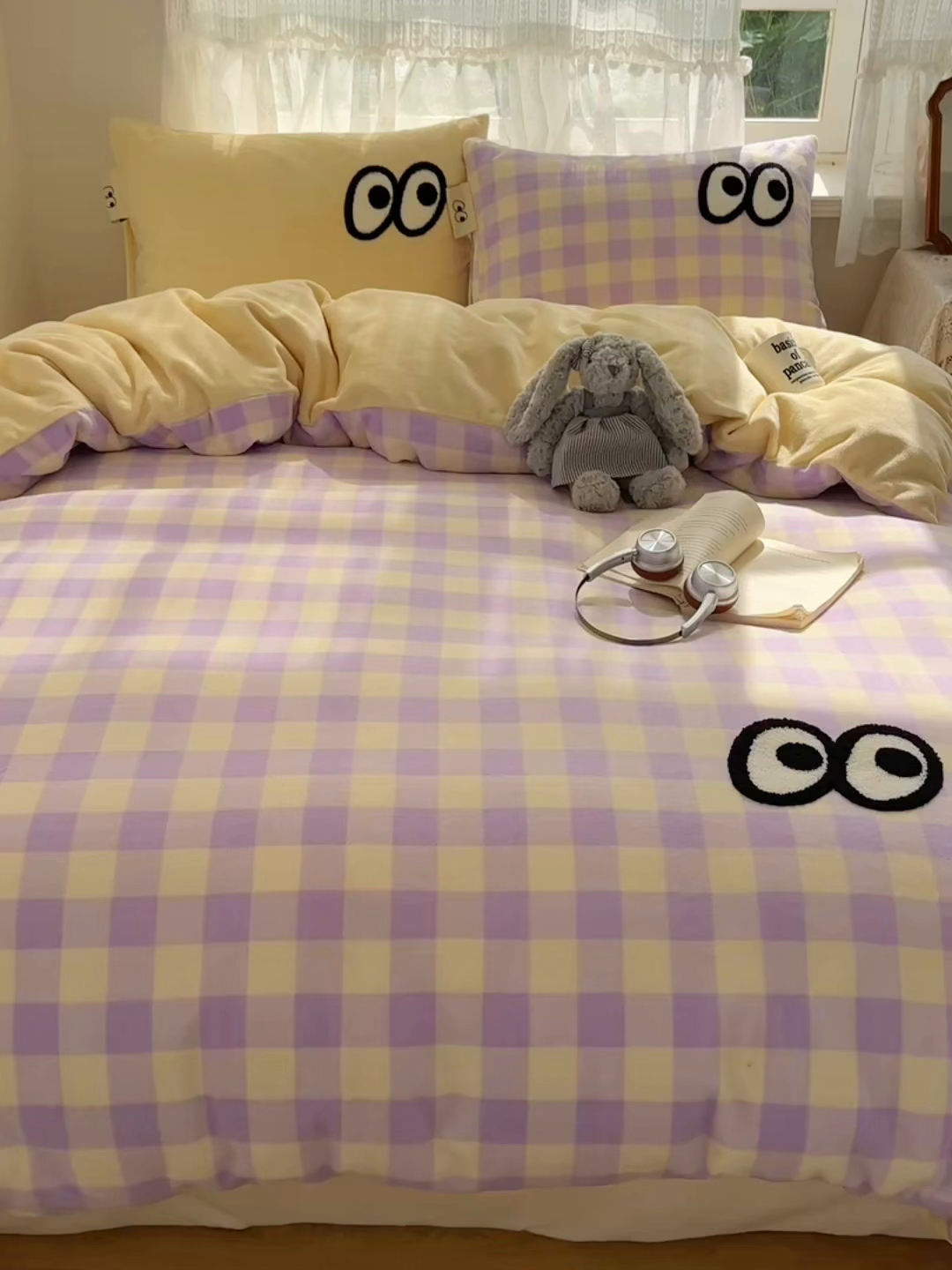 91家纺网 家纺一手货源 找家纺 桃子家居 2025新款A类ins毛巾绣显眼包撞色格子玛卡龙加厚牛奶绒织标四件套-小清新图 绒-显眼包大紫黄格