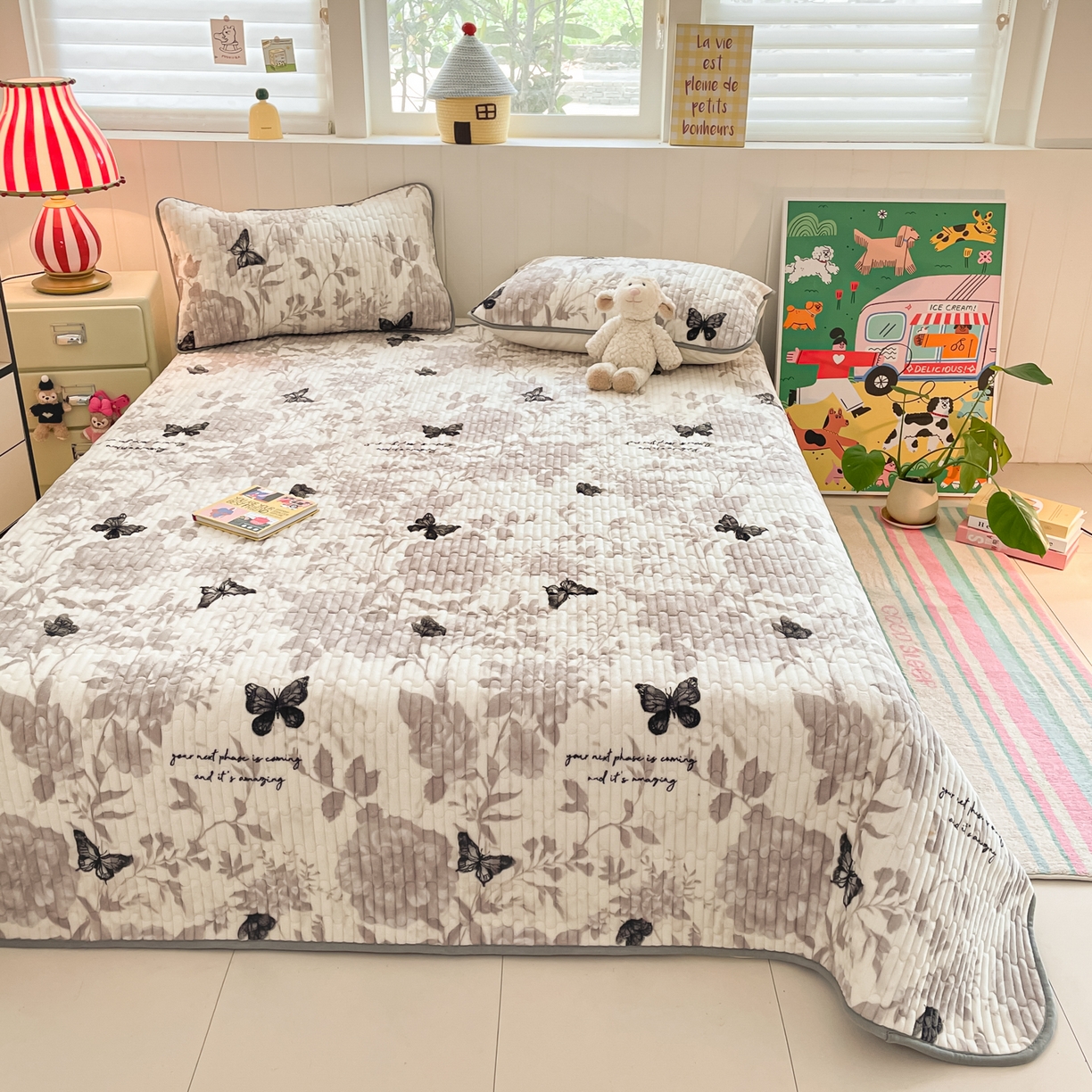 91家纺网 家纺一手货源 找家纺 贝扬思家纺 2025新款高克重牛奶绒豆豆被套床盖四件套-悦心系列 悦心-蝶赴卉