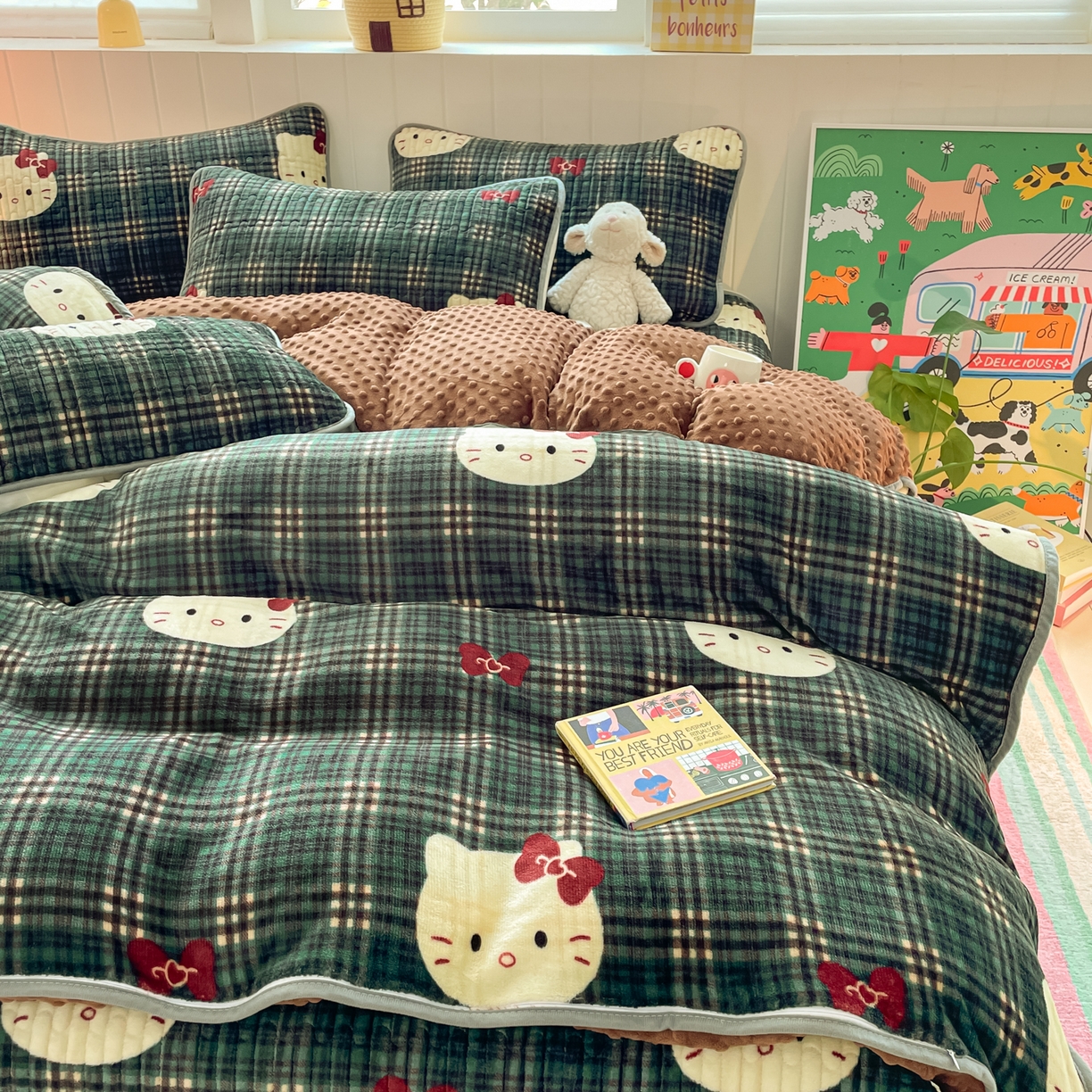 贝扬思家纺 2025新款高克重牛奶绒豆豆被套床盖四件套-悦心系列 悦心-绿格kt