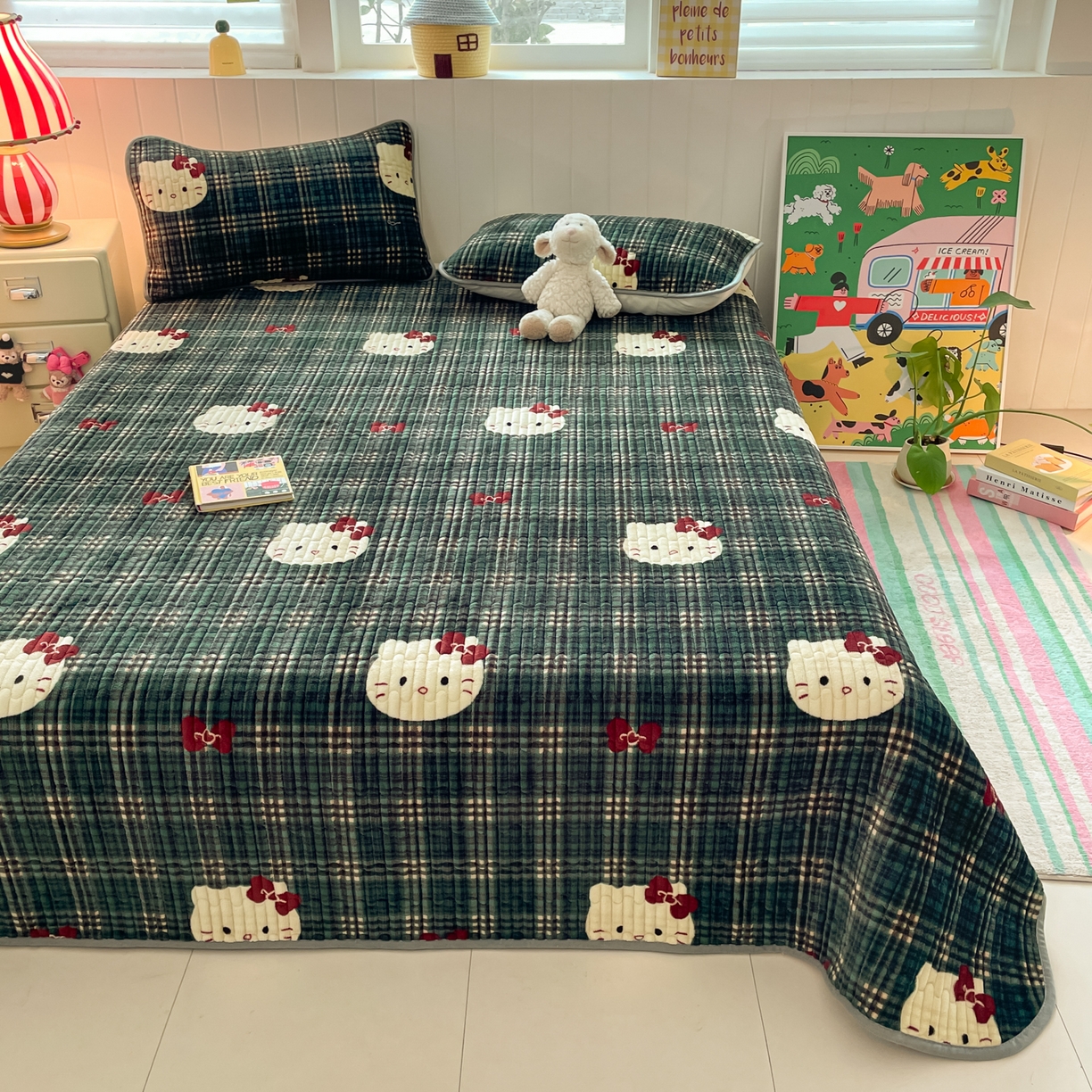 91家纺网 家纺一手货源 找家纺 贝扬思家纺 2025新款高克重牛奶绒豆豆被套床盖四件套-悦心系列 悦心-绿格kt