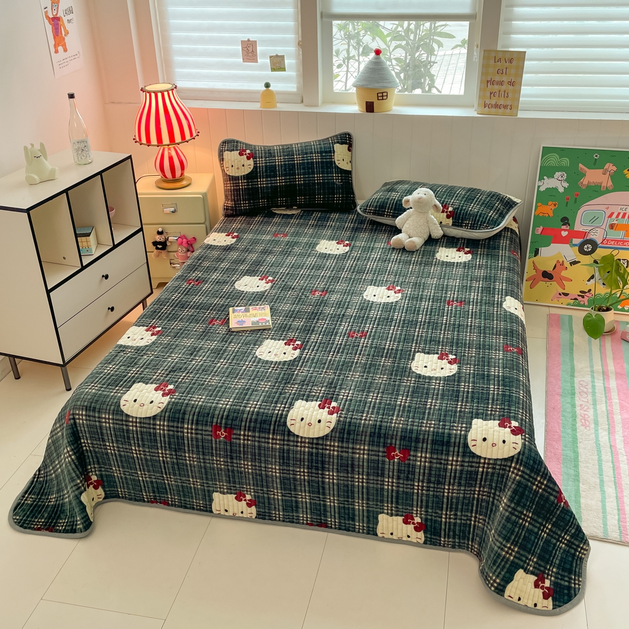 91家纺网 家纺一手货源 找家纺 贝扬思家纺 2025新款高克重牛奶绒豆豆被套床盖四件套-悦心系列 悦心-绿格kt