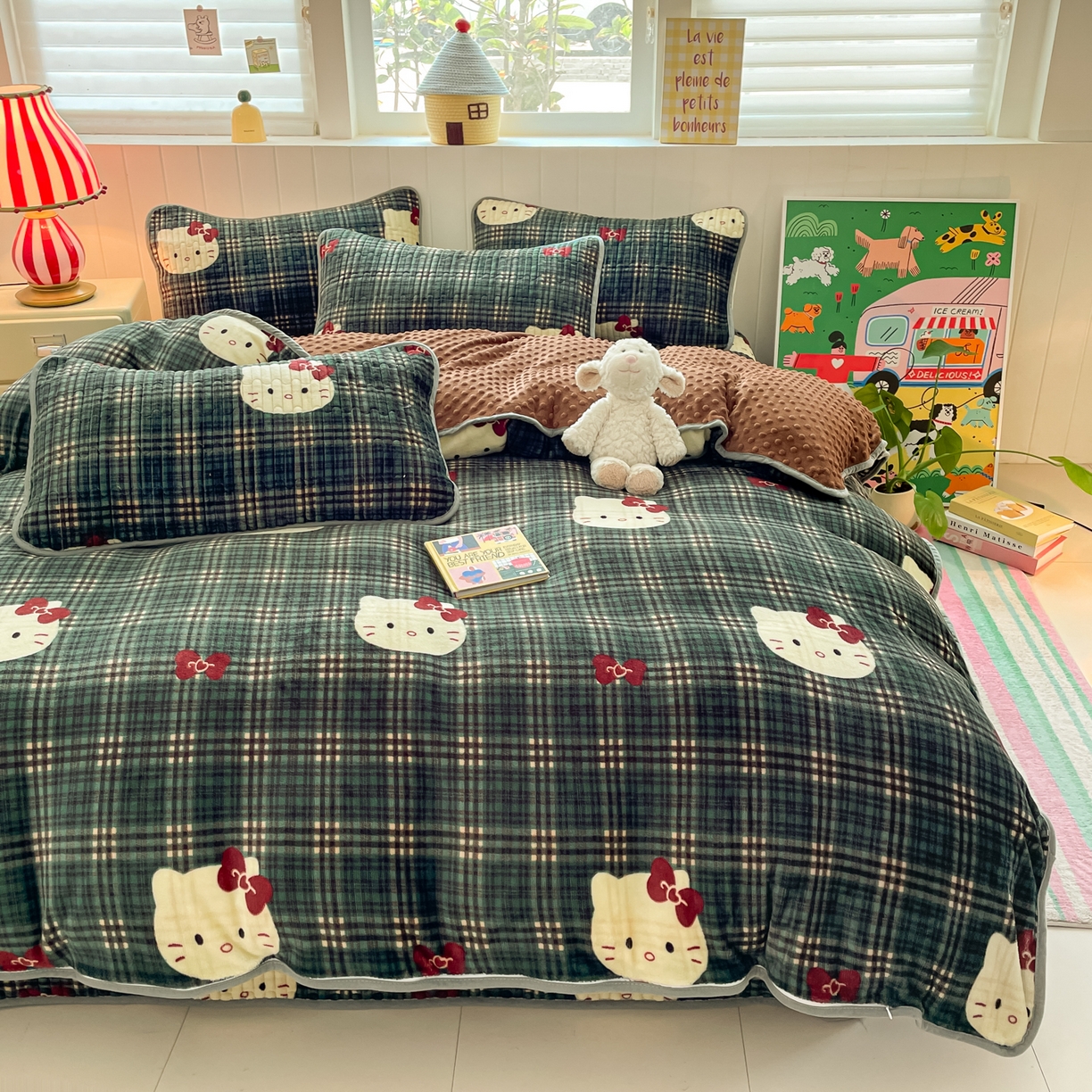 91家纺网 家纺一手货源 找家纺 贝扬思家纺 2025新款高克重牛奶绒豆豆被套床盖四件套-悦心系列 悦心-绿格kt