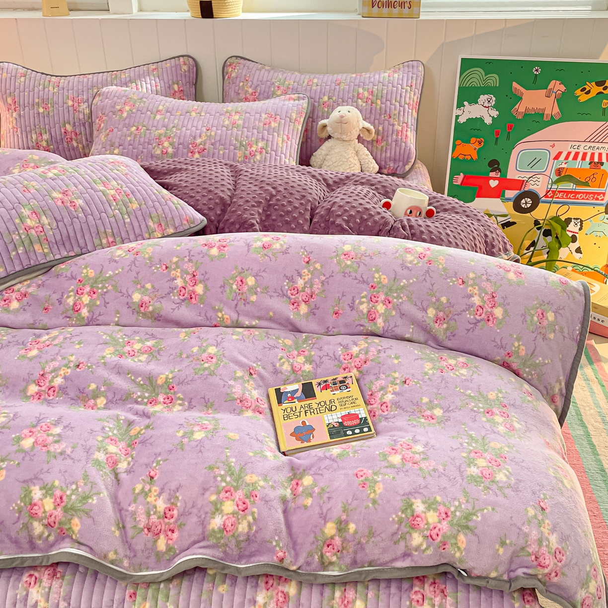 贝扬思家纺 2025新款高克重牛奶绒豆豆被套床盖四件套-悦心系列 悦心-罗兰雨