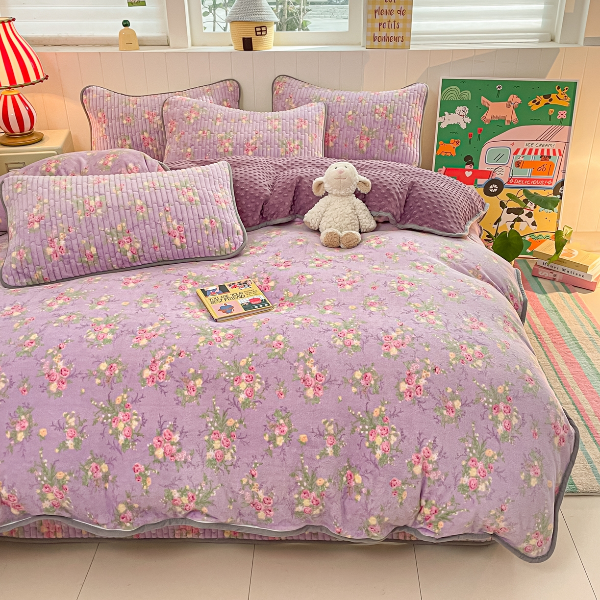 91家纺网 家纺一手货源 找家纺 贝扬思家纺 2025新款高克重牛奶绒豆豆被套床盖四件套-悦心系列 悦心-罗兰雨