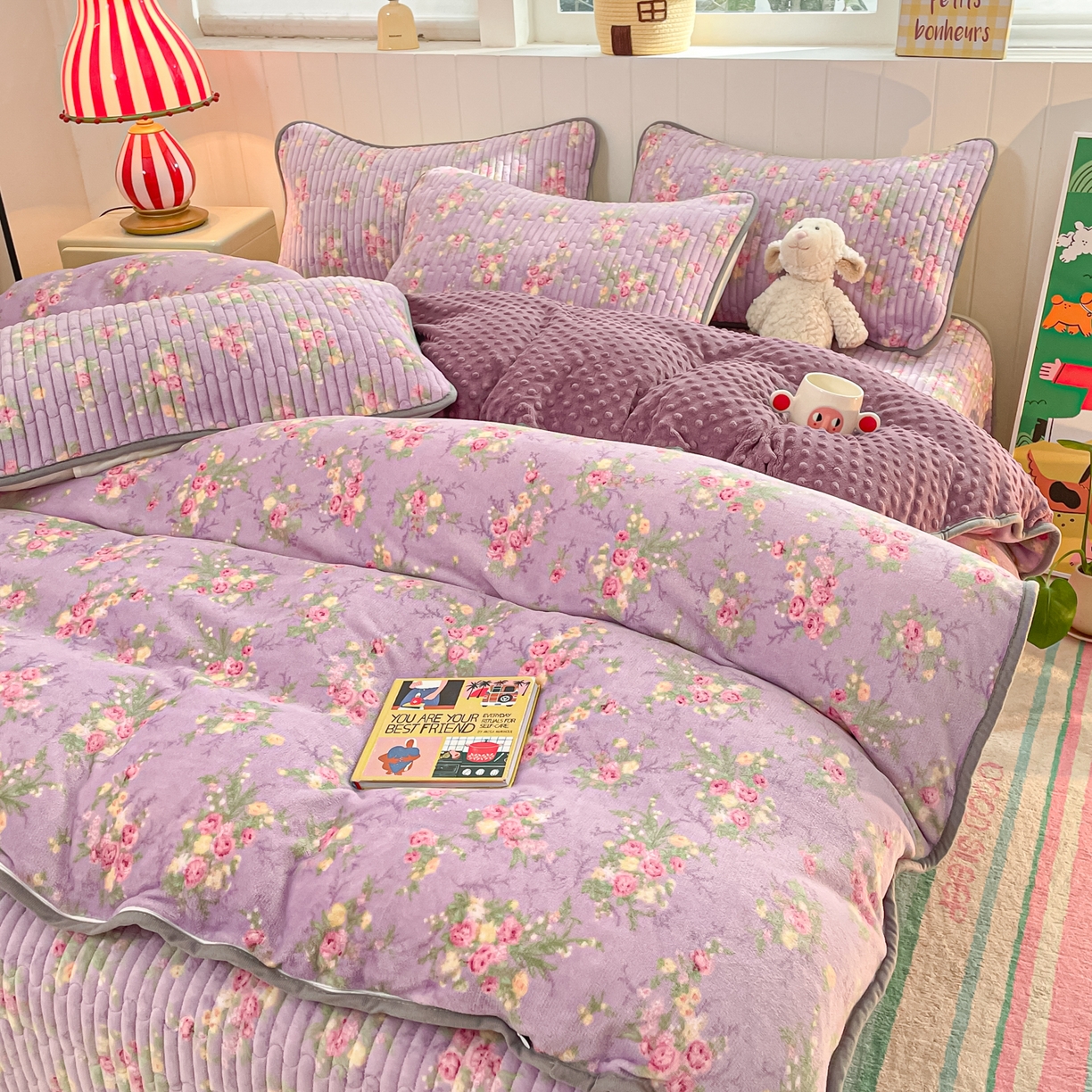 91家纺网 家纺一手货源 找家纺 贝扬思家纺 2025新款高克重牛奶绒豆豆被套床盖四件套-悦心系列 悦心-罗兰雨