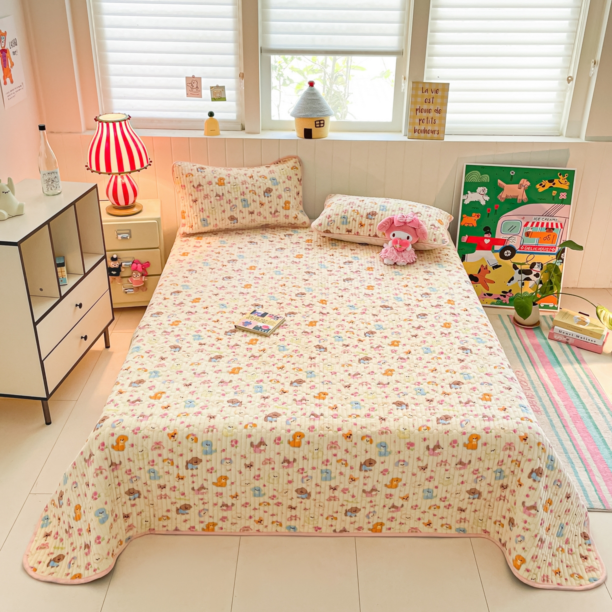 91家纺网 家纺一手货源 找家纺 贝扬思家纺 2025新款高克重牛奶绒豆豆被套床盖四件套-悦心系列 悦心-卖萌修狗