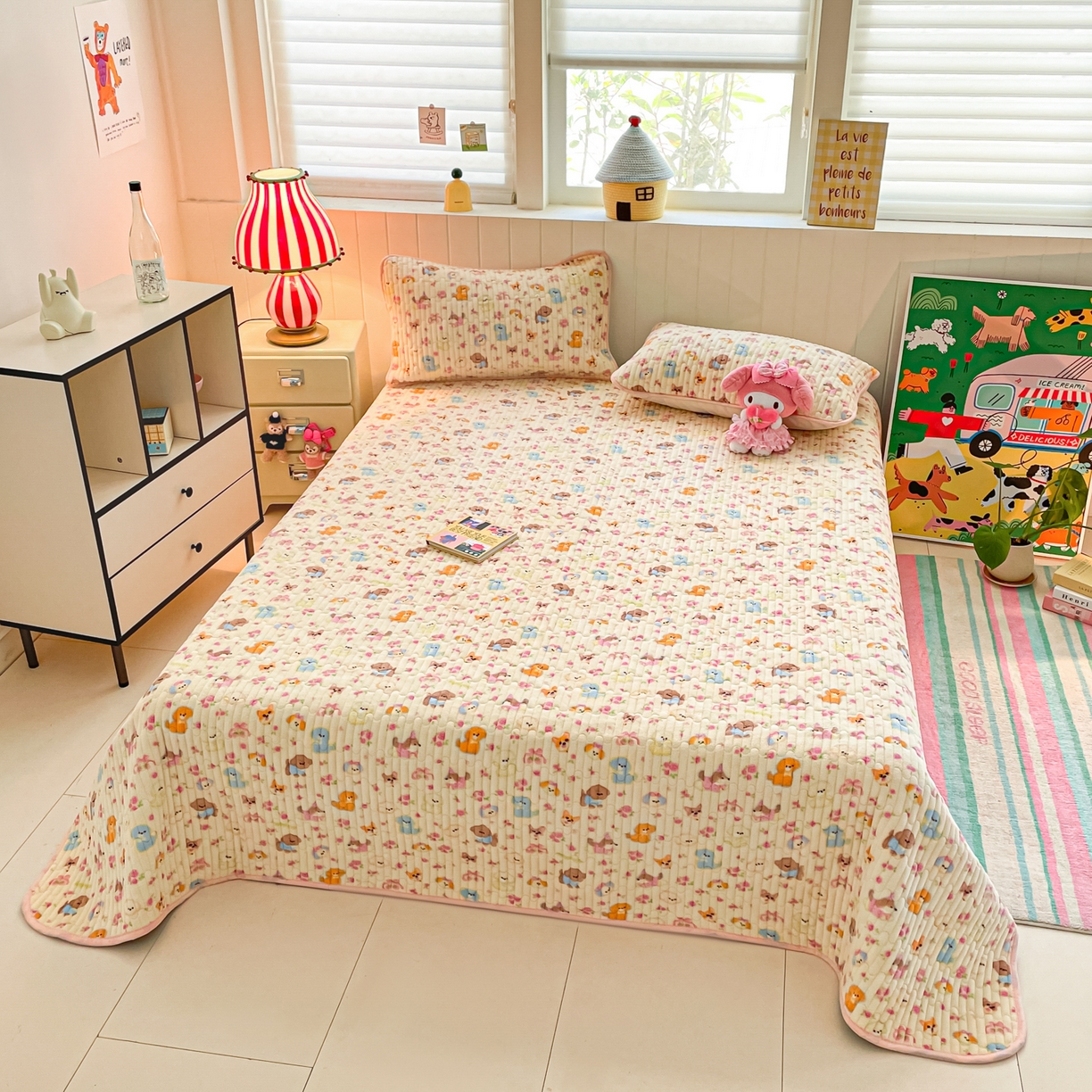 91家纺网 家纺一手货源 找家纺 贝扬思家纺 2025新款高克重牛奶绒豆豆被套床盖四件套-悦心系列 悦心-卖萌修狗