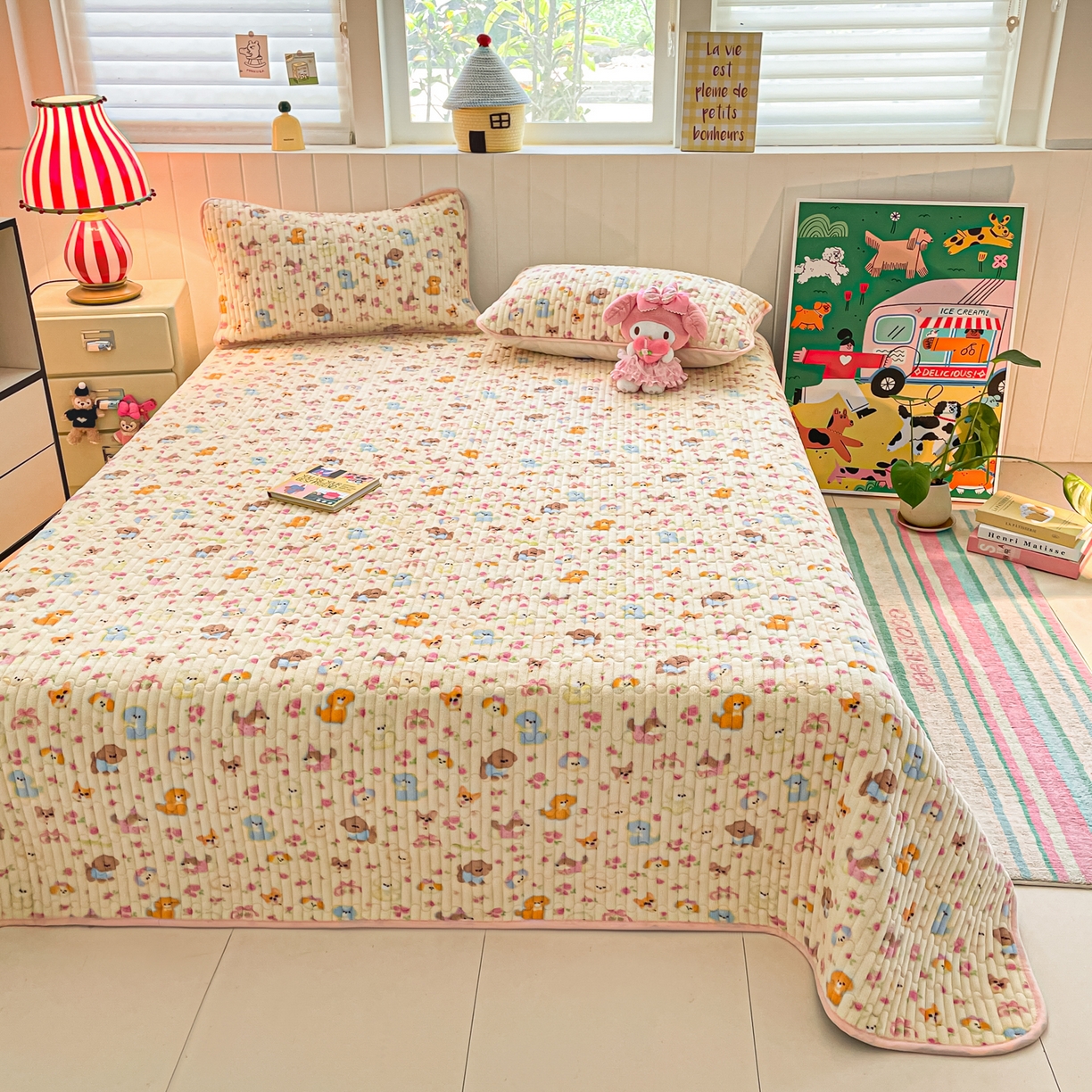 91家纺网 家纺一手货源 找家纺 贝扬思家纺 2025新款高克重牛奶绒豆豆被套床盖四件套-悦心系列 悦心-卖萌修狗