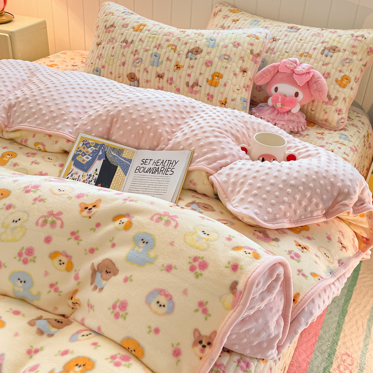 91家纺网 家纺一手货源 找家纺 贝扬思家纺 2025新款高克重牛奶绒豆豆被套床盖四件套-悦心系列 悦心-卖萌修狗