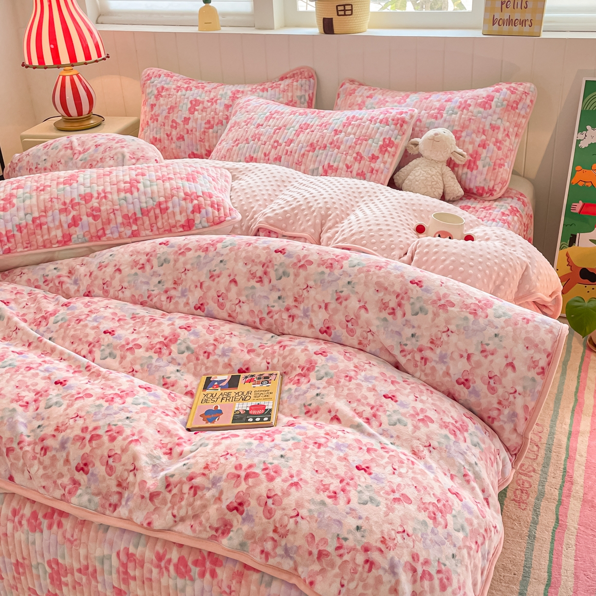 91家纺网 家纺一手货源 找家纺 贝扬思家纺 2025新款高克重牛奶绒豆豆被套床盖四件套-悦心系列 悦心-玫瑰粉黛