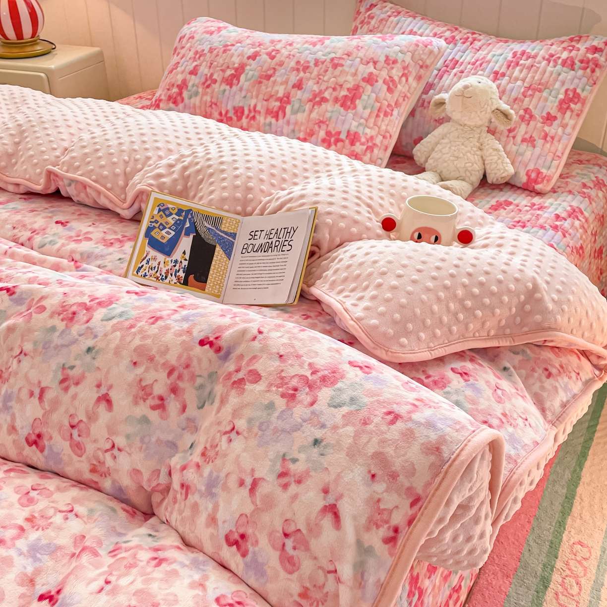 91家纺网 家纺一手货源 找家纺 贝扬思家纺 2025新款高克重牛奶绒豆豆被套床盖四件套-悦心系列 悦心-玫瑰粉黛