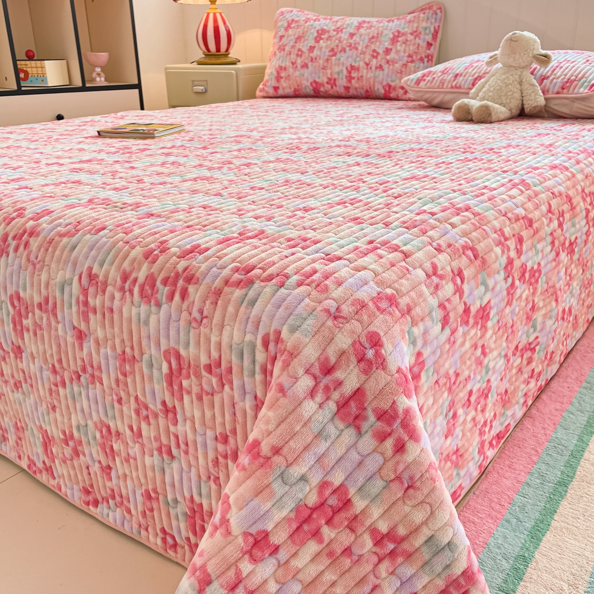 91家纺网 家纺一手货源 找家纺 贝扬思家纺 2025新款高克重牛奶绒豆豆被套床盖四件套-悦心系列 悦心-玫瑰粉黛