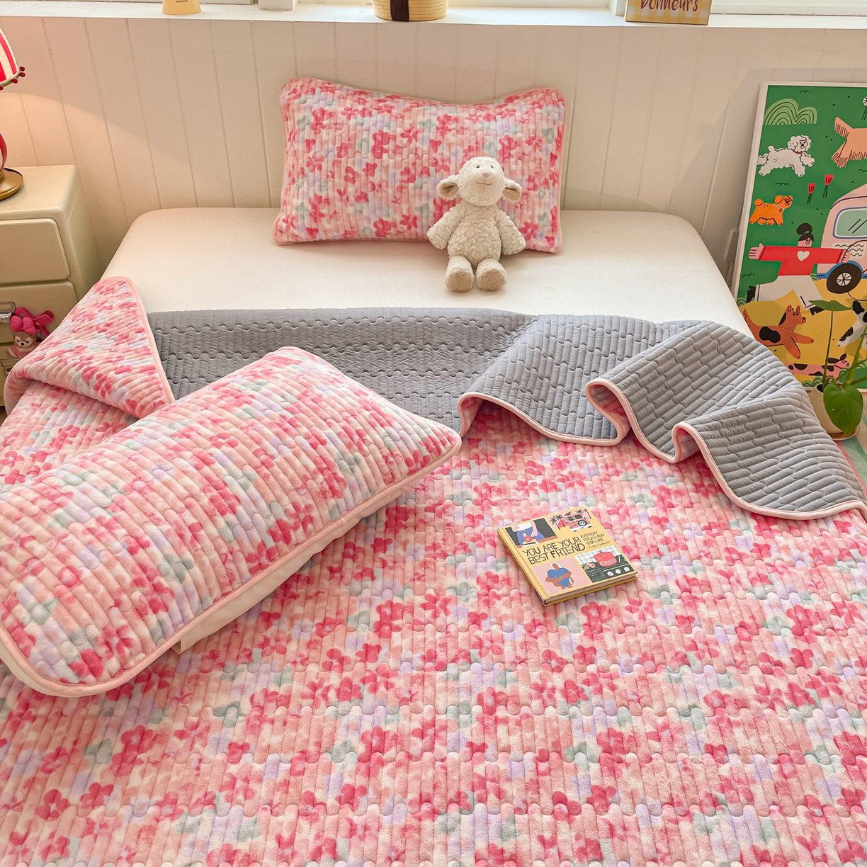 91家纺网 家纺一手货源 找家纺 贝扬思家纺 2025新款高克重牛奶绒豆豆被套床盖四件套-悦心系列 悦心-玫瑰粉黛