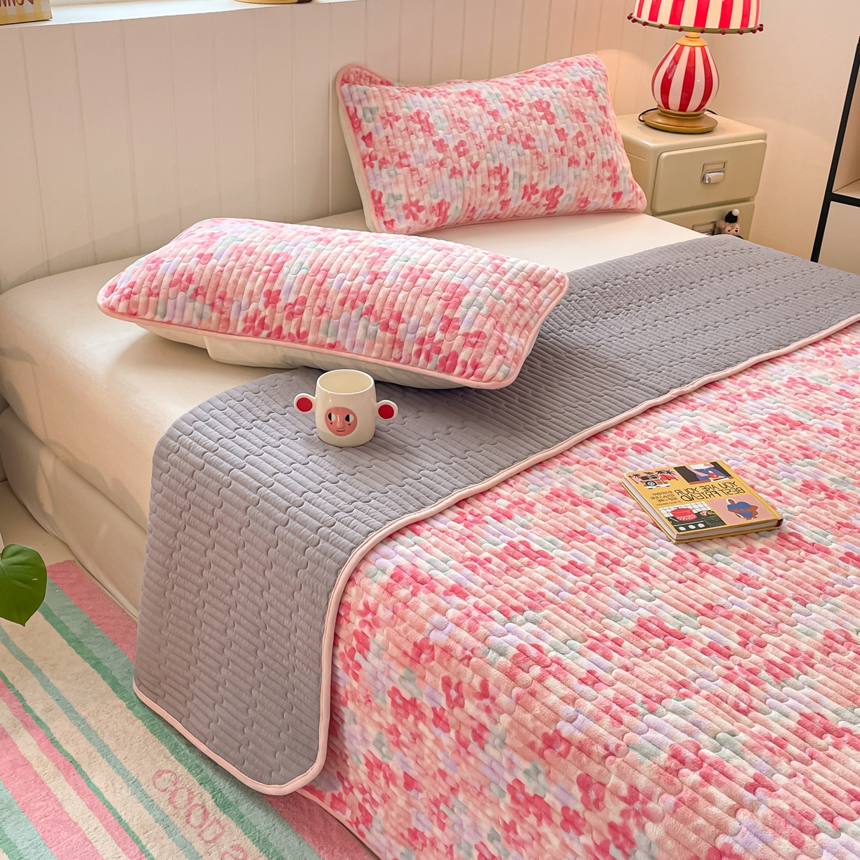 91家纺网 家纺一手货源 找家纺 贝扬思家纺 2025新款高克重牛奶绒豆豆被套床盖四件套-悦心系列 悦心-玫瑰粉黛