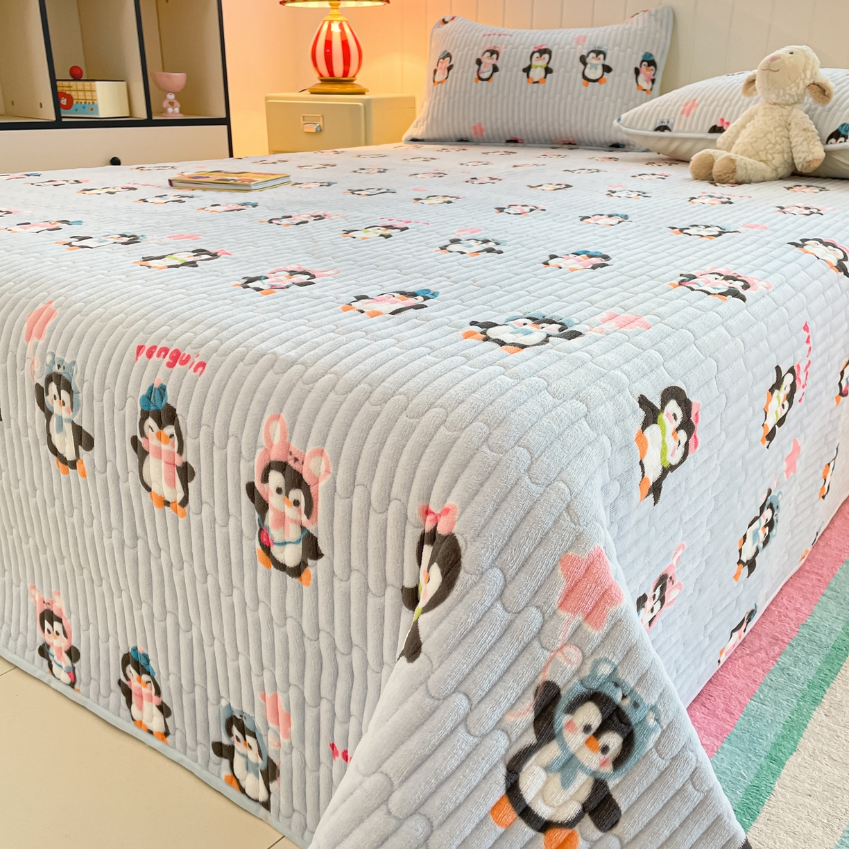 91家纺网 家纺一手货源 找家纺 贝扬思家纺 2025新款高克重牛奶绒豆豆被套床盖四件套-悦心系列 悦心-企鹅星球