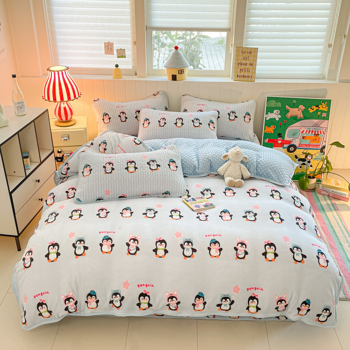 91家纺网 家纺一手货源 找家纺 贝扬思家纺 2025新款高克重牛奶绒豆豆被套床盖四件套-悦心系列 悦心-企鹅星球