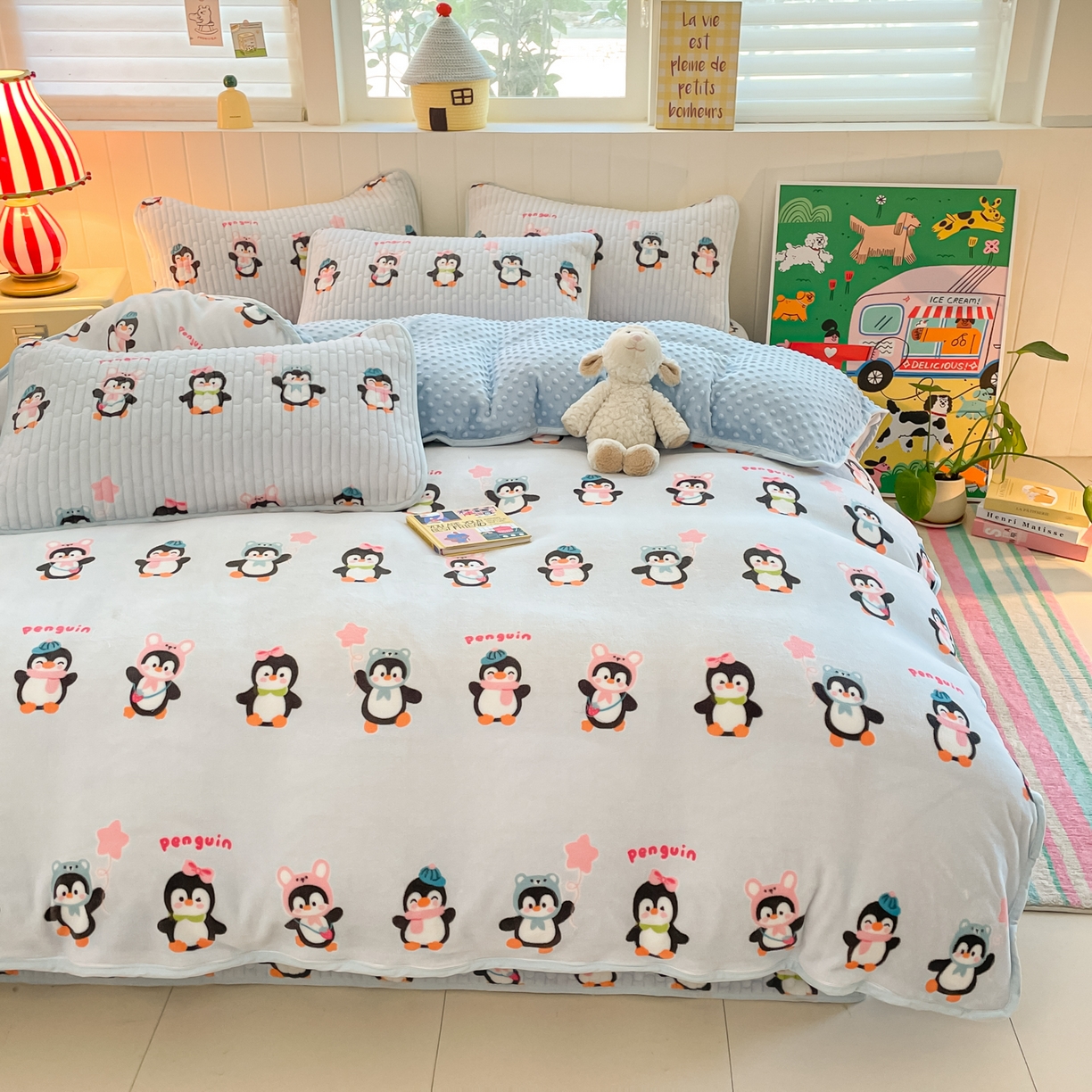 91家纺网 家纺一手货源 找家纺 贝扬思家纺 2025新款高克重牛奶绒豆豆被套床盖四件套-悦心系列 悦心-企鹅星球