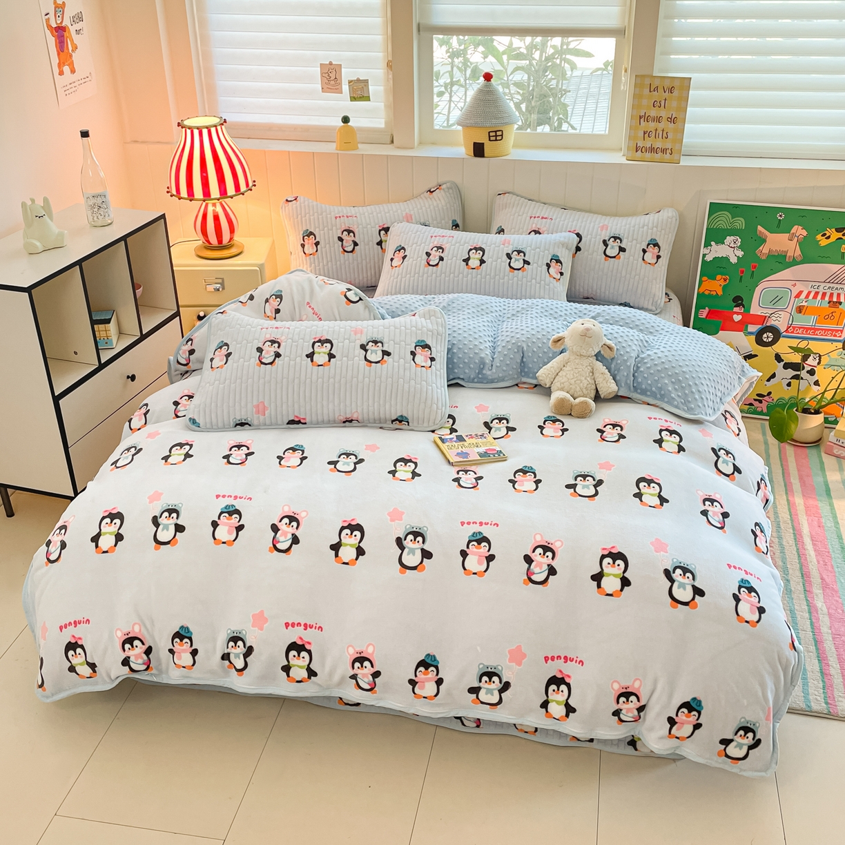 91家纺网 家纺一手货源 找家纺 贝扬思家纺 2025新款高克重牛奶绒豆豆被套床盖四件套-悦心系列 悦心-企鹅星球