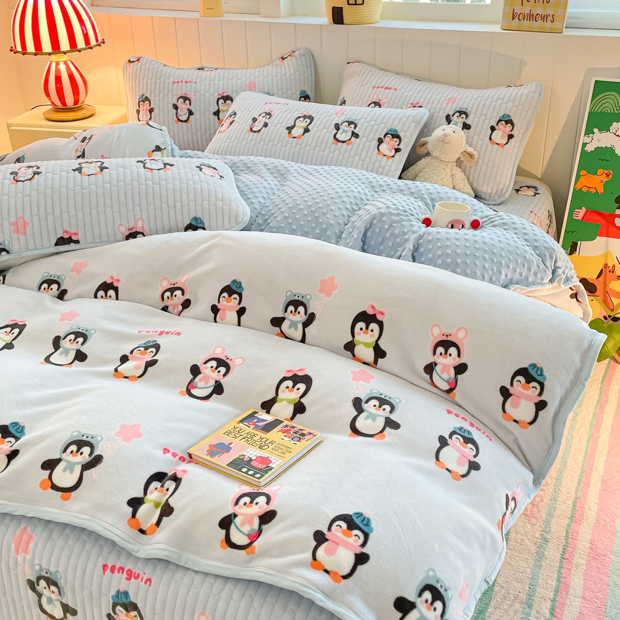 91家纺网 家纺一手货源 找家纺 贝扬思家纺 2025新款高克重牛奶绒豆豆被套床盖四件套-悦心系列 悦心-企鹅星球