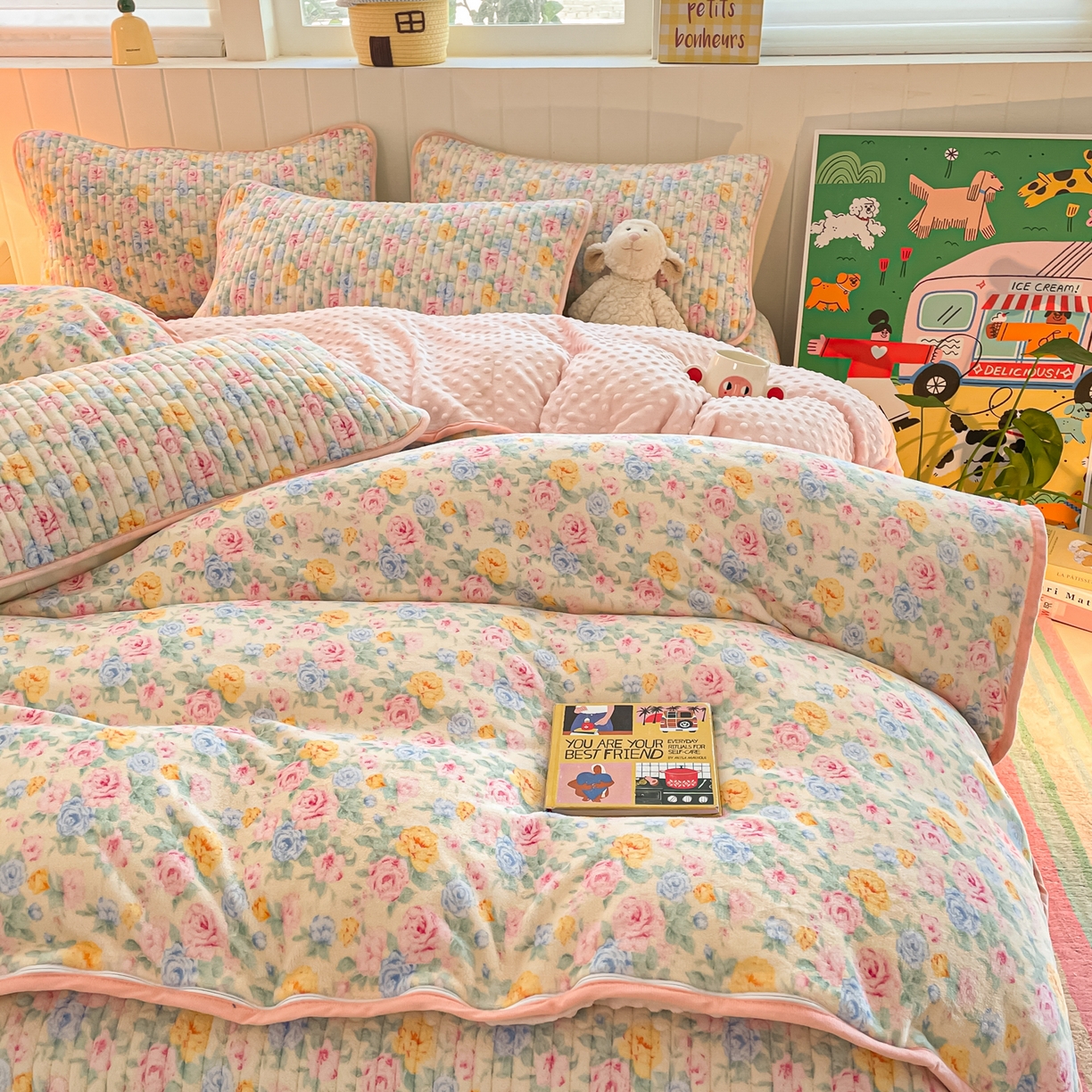 贝扬思家纺 2025新款高克重牛奶绒豆豆被套床盖四件套-悦心系列 悦心-蔷薇语