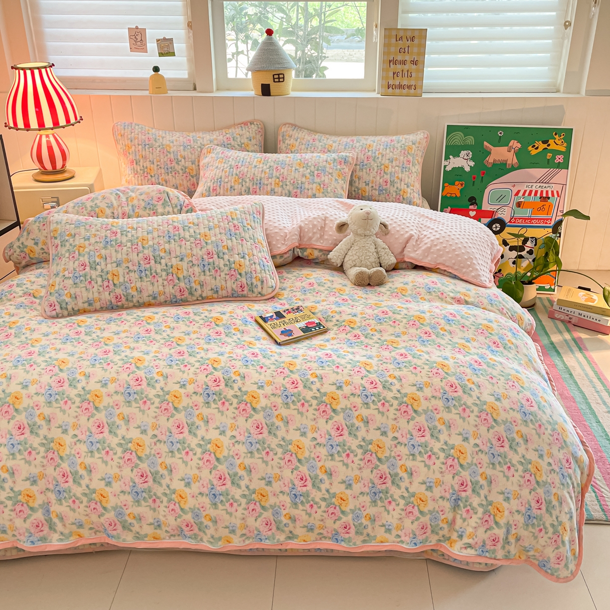 91家纺网 家纺一手货源 找家纺 贝扬思家纺 2025新款高克重牛奶绒豆豆被套床盖四件套-悦心系列 悦心-蔷薇语