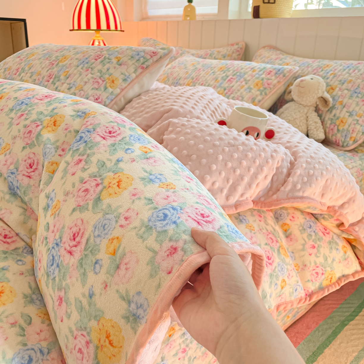 91家纺网 家纺一手货源 找家纺 贝扬思家纺 2025新款高克重牛奶绒豆豆被套床盖四件套-悦心系列 悦心-蔷薇语