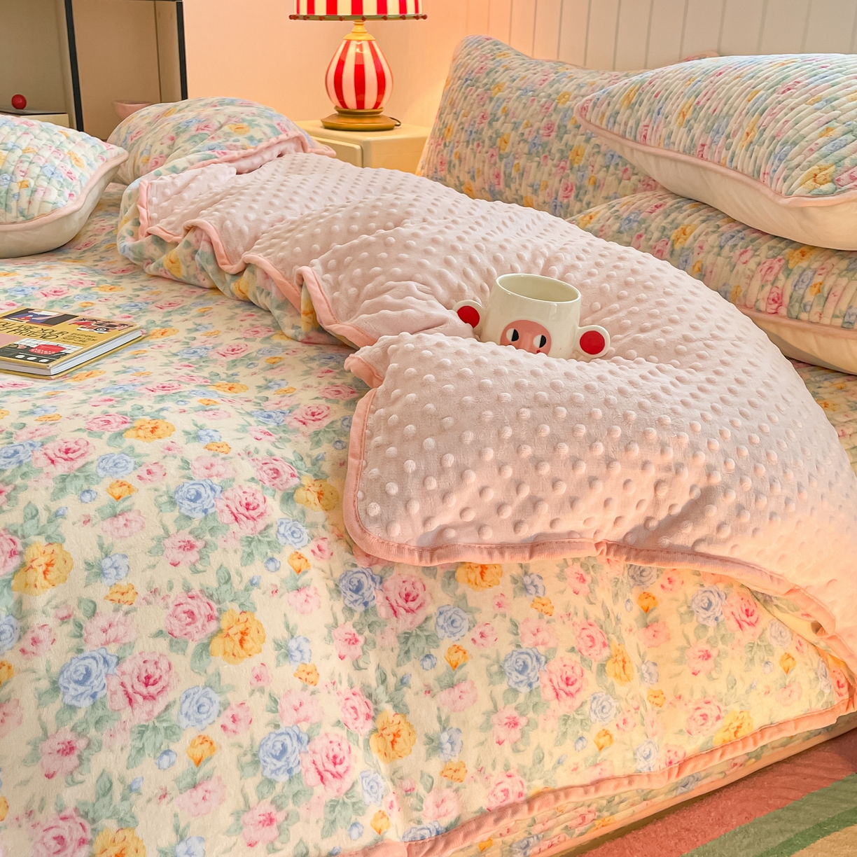 91家纺网 家纺一手货源 找家纺 贝扬思家纺 2025新款高克重牛奶绒豆豆被套床盖四件套-悦心系列 悦心-蔷薇语