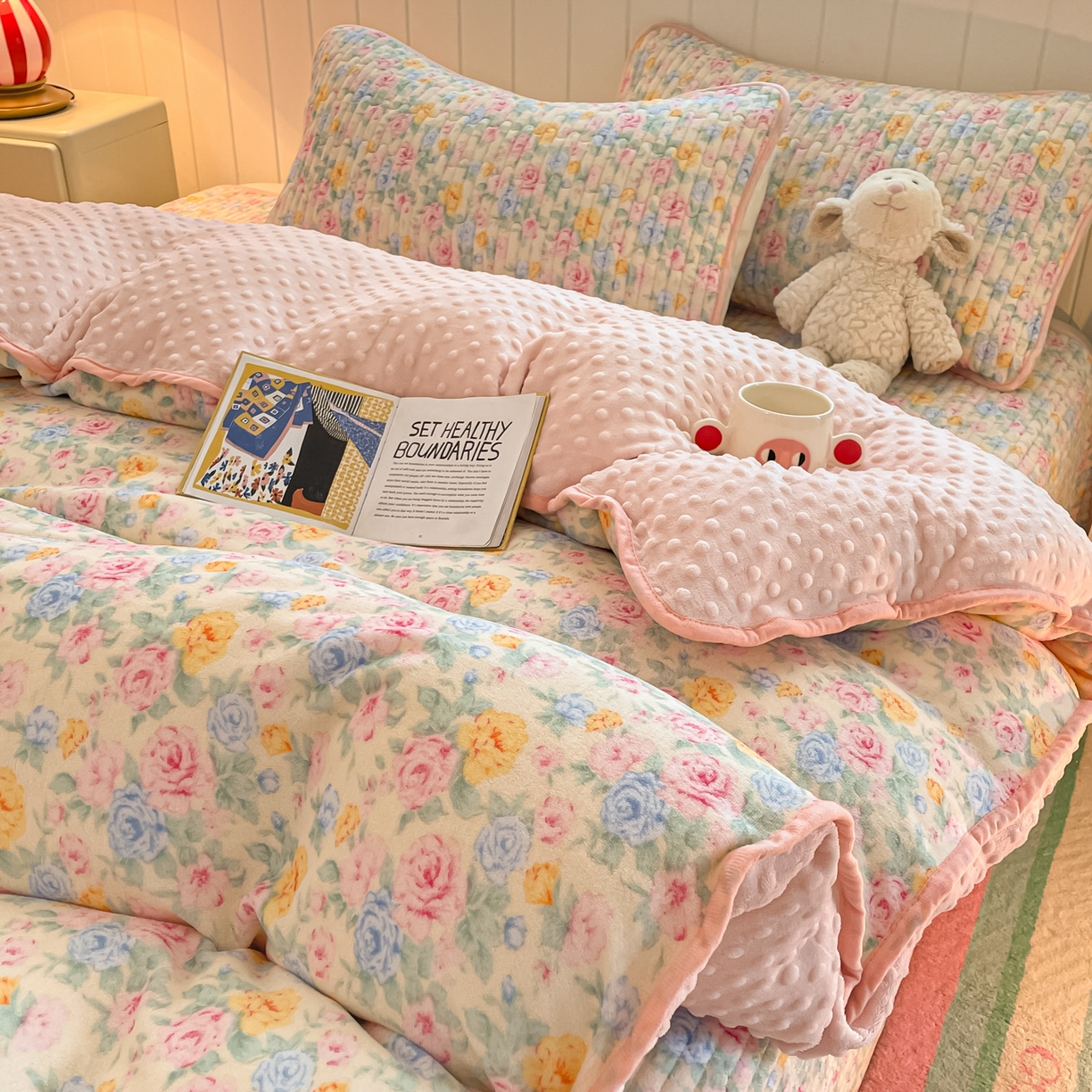 91家纺网 家纺一手货源 找家纺 贝扬思家纺 2025新款高克重牛奶绒豆豆被套床盖四件套-悦心系列 悦心-蔷薇语