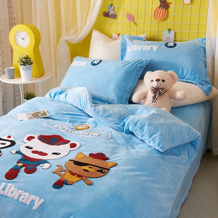 91家纺网 家纺一手货源 找家纺 梵克保罗 2025新款婴儿绒原创绣花卡通学生三件套四件套 海底小纵队-天蓝