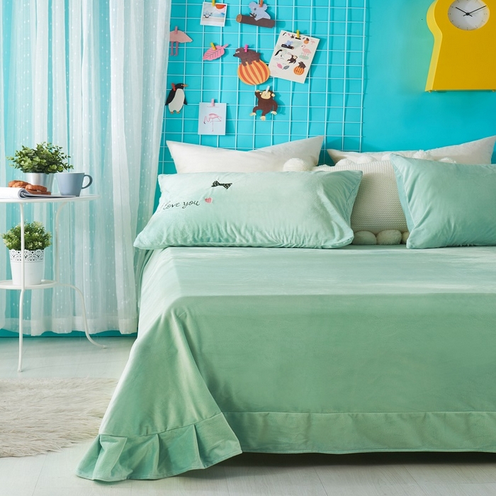 91家纺网 家纺一手货源 找家纺 梵克保罗 2025新款婴儿绒原创绣花卡通学生三件套四件套 可爱兔-绿