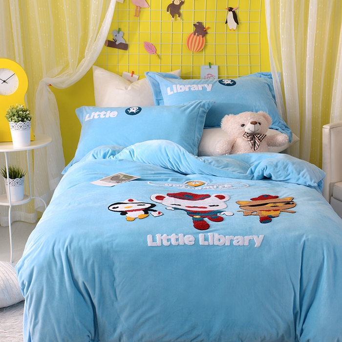 梵克保罗 2025新款婴儿绒原创绣花卡通学生三件套四件套 海底小纵队-天蓝