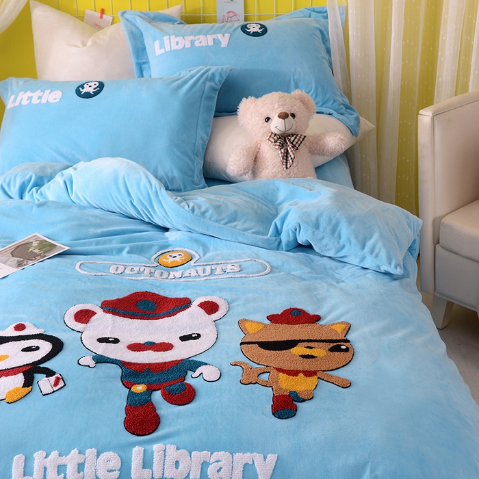 91家纺网 家纺一手货源 找家纺 梵克保罗 2025新款婴儿绒原创绣花卡通学生三件套四件套 海底小纵队-天蓝