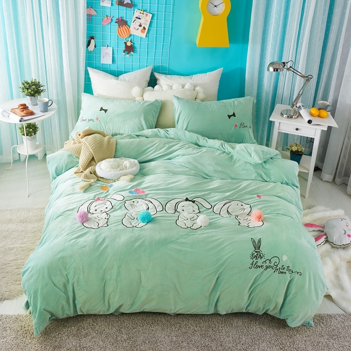 梵克保罗 2025新款婴儿绒原创绣花卡通学生三件套四件套 可爱兔-绿