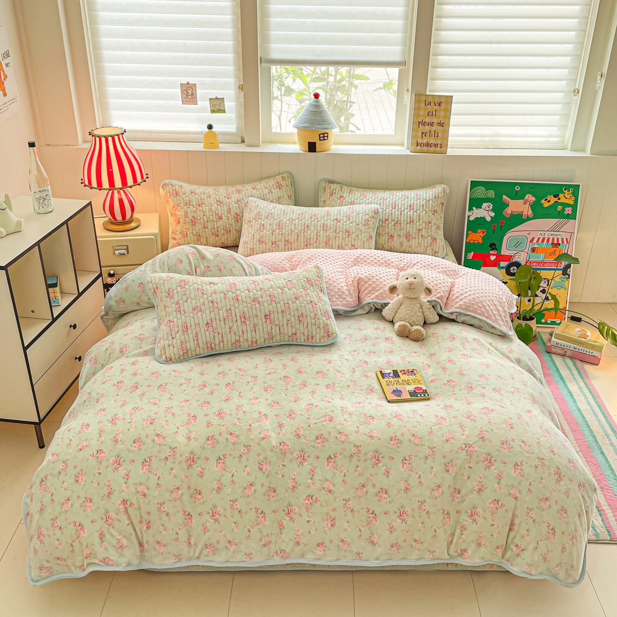 91家纺网 家纺一手货源 找家纺 贝扬思家纺 2025新款高克重牛奶绒豆豆被套床盖四件套-悦心系列 悦心-青提奶泡