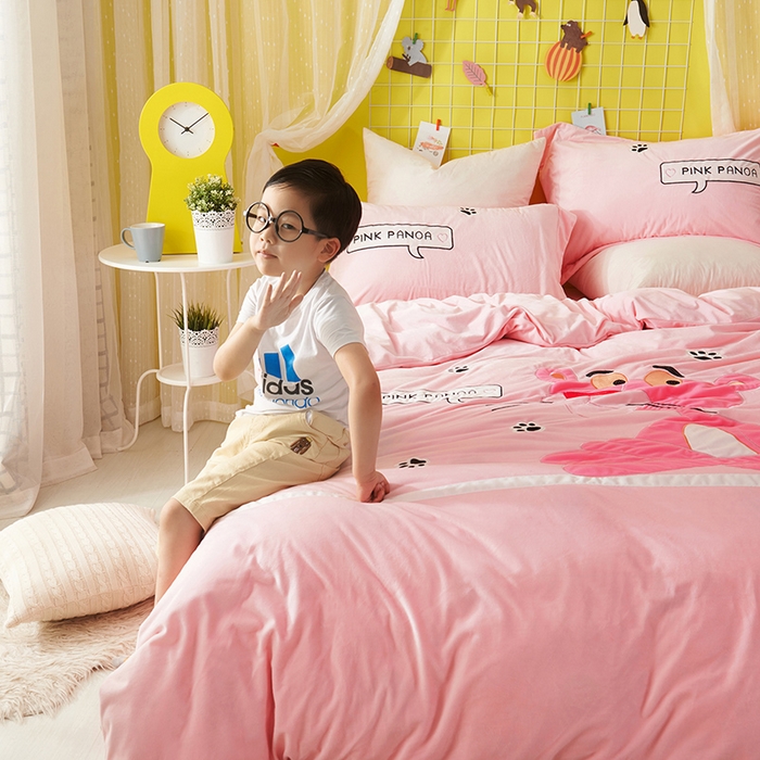 91家纺网 家纺一手货源 找家纺 梵克保罗 2025新款婴儿绒原创绣花卡通学生三件套四件套 粉红豹-玉