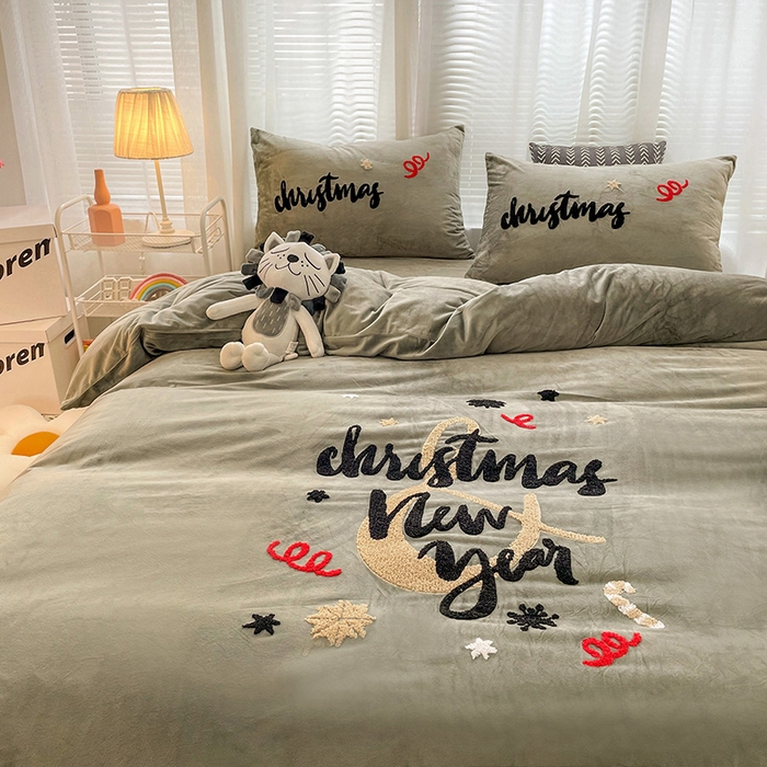 91家纺网 家纺一手货源 找家纺 梵克保罗 2025秋冬新款高克重婴儿绒原创绣花工艺系列三件套四件套-花卉系列 伊万卡-绿