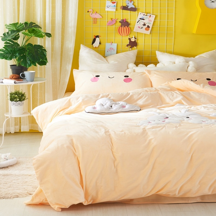 梵克保罗 2025秋冬新款高克重婴儿绒原创绣花工艺系列三件套四件套-花卉系列 云朵-米色