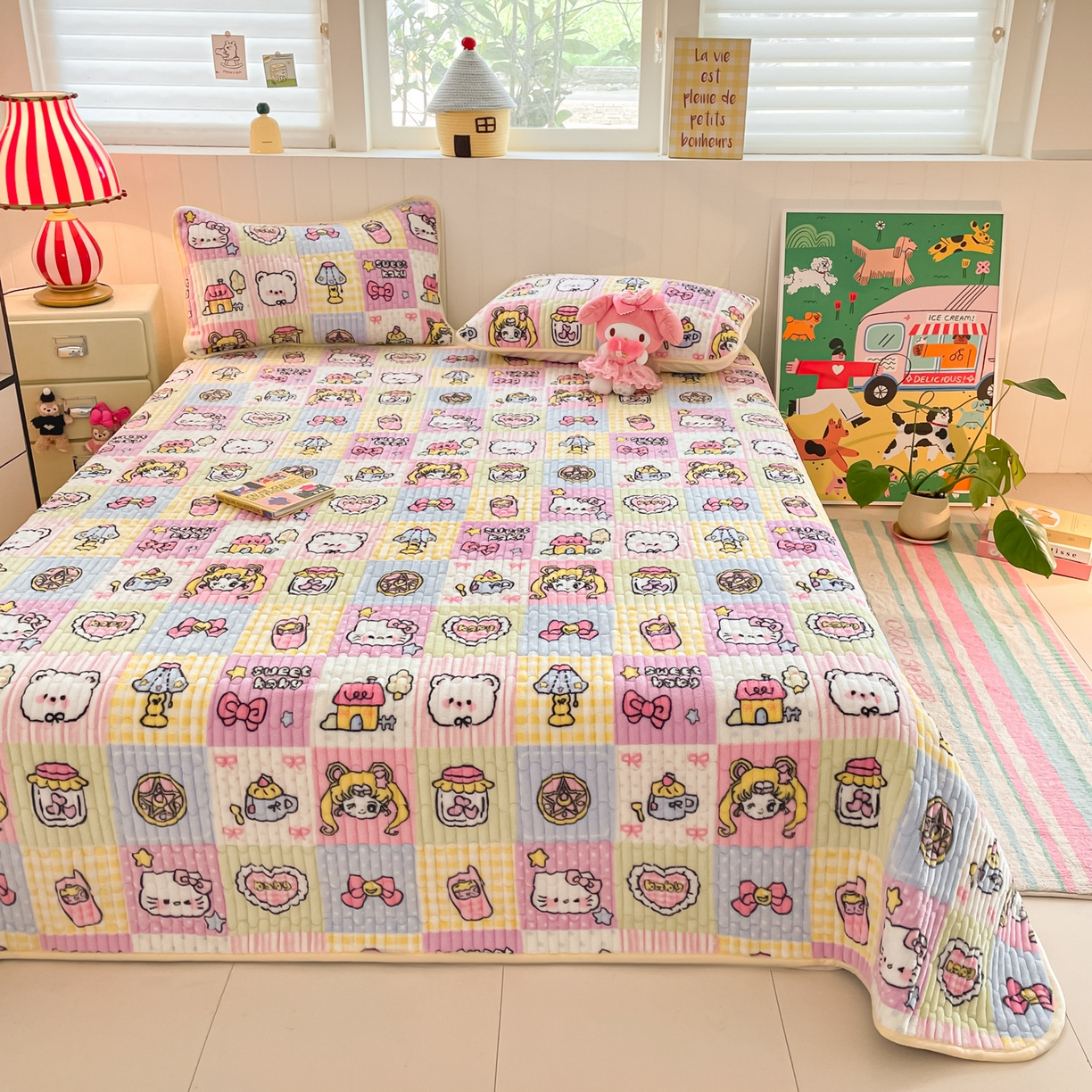 91家纺网 家纺一手货源 找家纺 贝扬思家纺 2025新款高克重牛奶绒豆豆被套床盖四件套-悦心系列 悦心-少女心