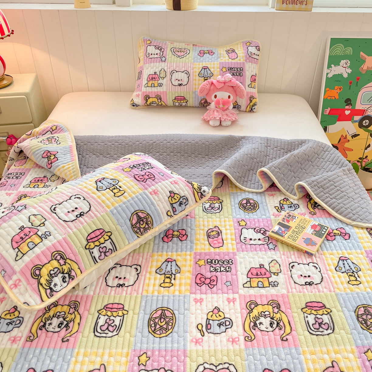 91家纺网 家纺一手货源 找家纺 贝扬思家纺 2025新款高克重牛奶绒豆豆被套床盖四件套-悦心系列 悦心-少女心