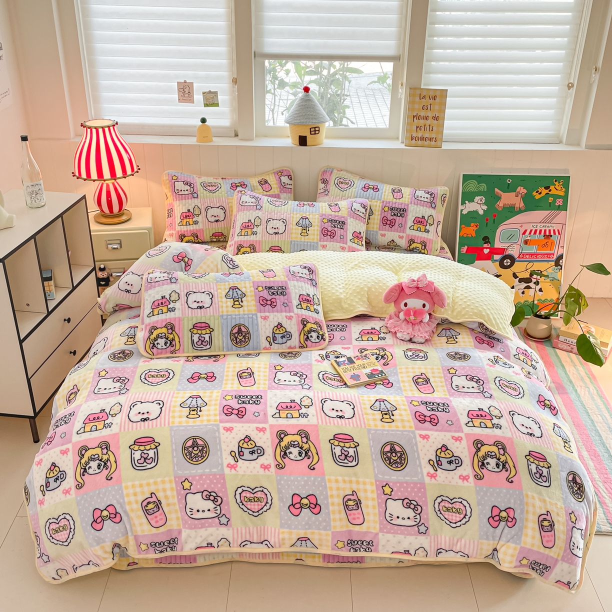 91家纺网 家纺一手货源 找家纺 贝扬思家纺 2025新款高克重牛奶绒豆豆被套床盖四件套-悦心系列 悦心-少女心