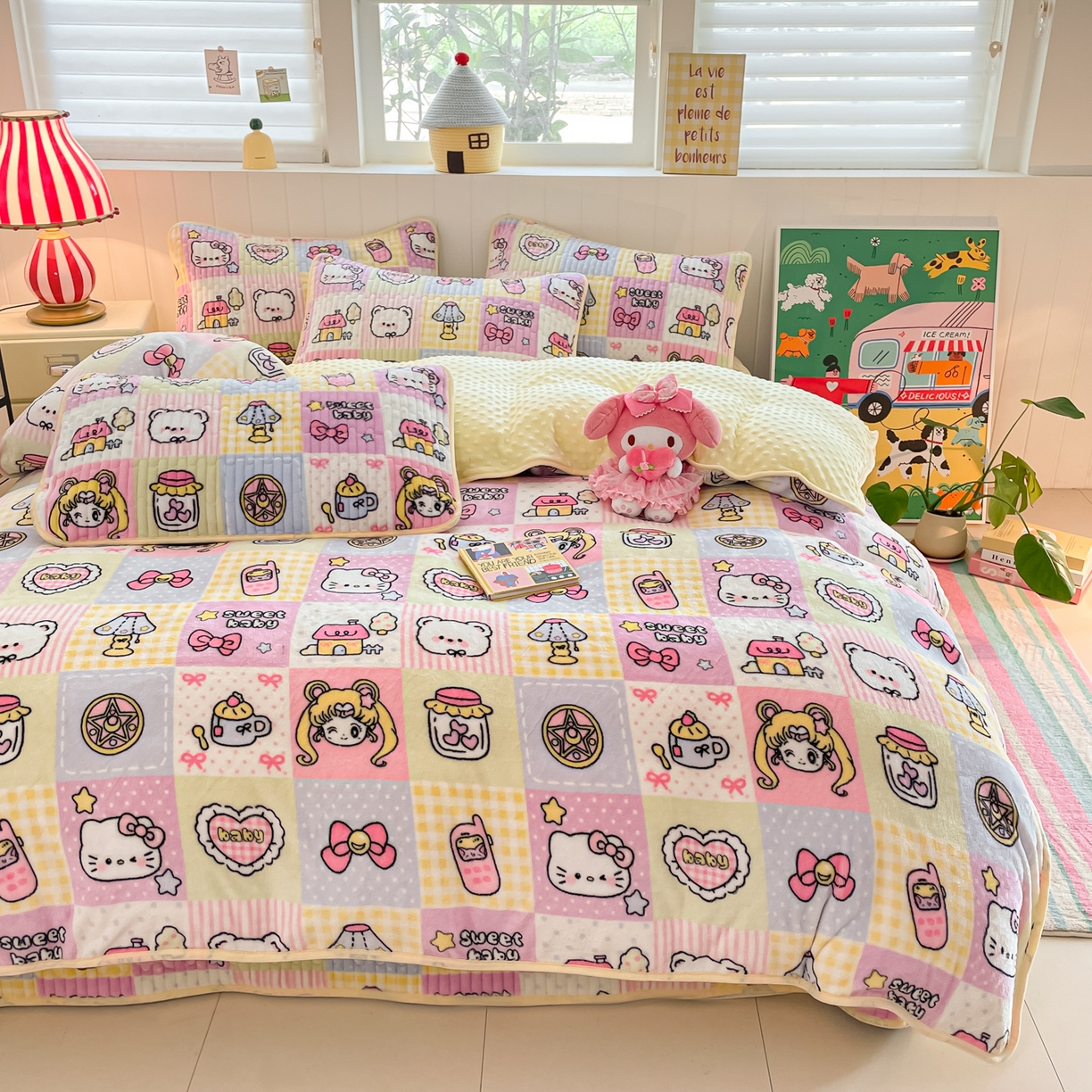 91家纺网 家纺一手货源 找家纺 贝扬思家纺 2025新款高克重牛奶绒豆豆被套床盖四件套-悦心系列 悦心-少女心