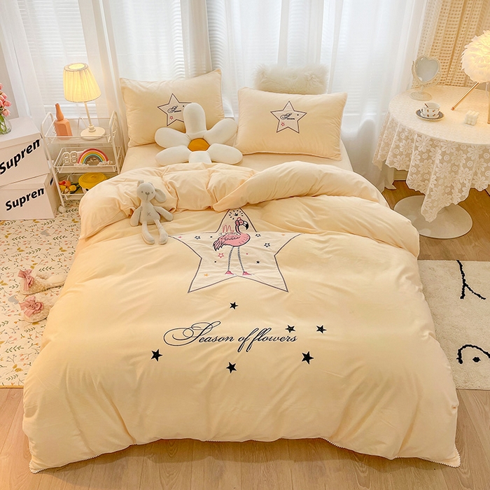 梵克保罗 2025秋冬新款高克重婴儿绒原创绣花工艺系列三件套四件套-卡通系列 火烈鸟-黄