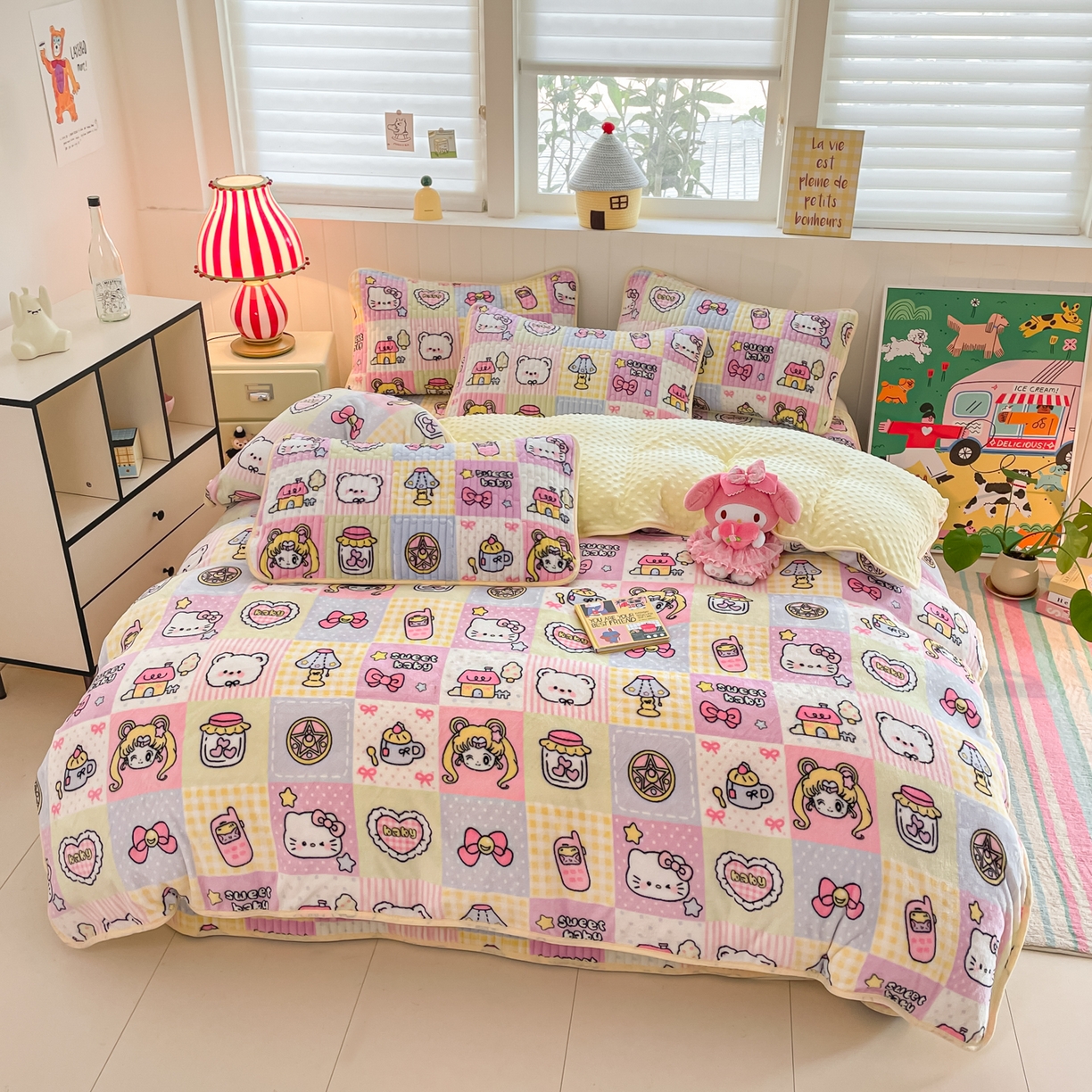 91家纺网 家纺一手货源 找家纺 贝扬思家纺 2025新款高克重牛奶绒豆豆被套床盖四件套-悦心系列 悦心-少女心