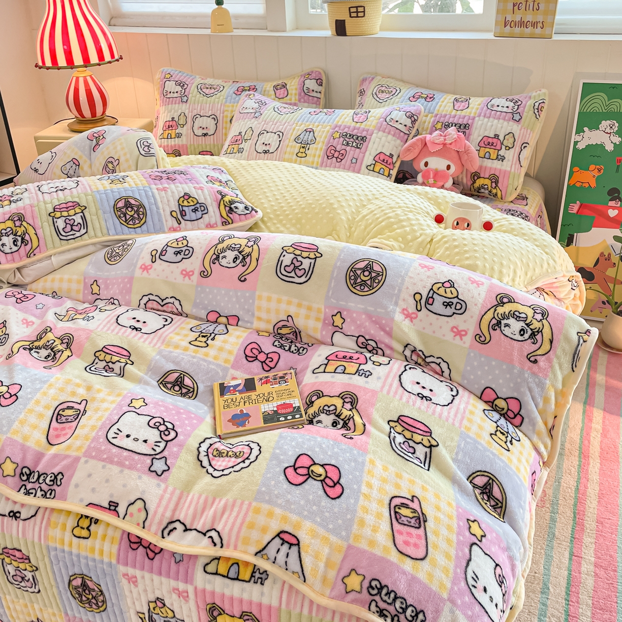 91家纺网 家纺一手货源 找家纺 贝扬思家纺 2025新款高克重牛奶绒豆豆被套床盖四件套-悦心系列 悦心-少女心