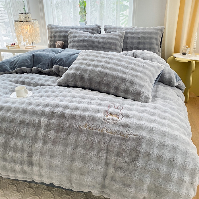 潮邦创意家居 2025新款小米兔泡泡兔绒保暖四件套 米兔灰