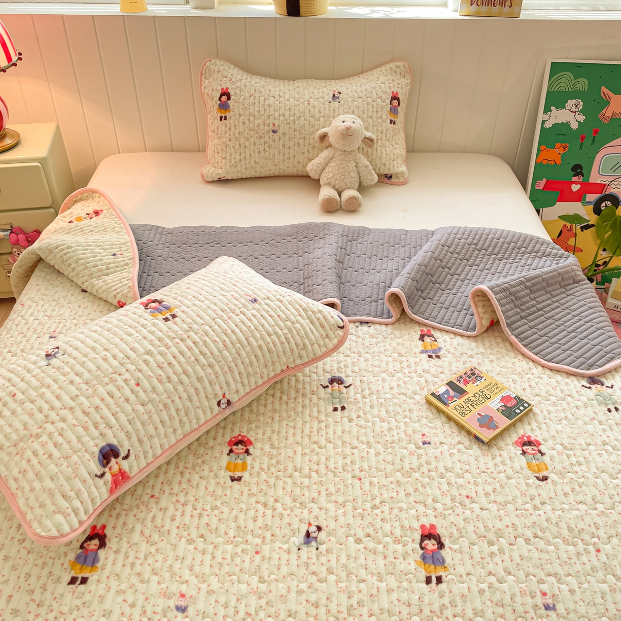 91家纺网 家纺一手货源 找家纺 贝扬思家纺 2025新款高克重牛奶绒豆豆被套床盖四件套-悦心系列 悦心-温柔痕迹