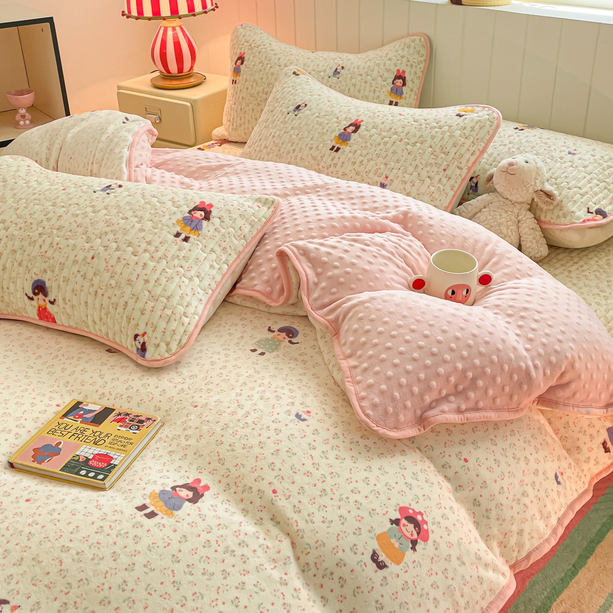 91家纺网 家纺一手货源 找家纺 贝扬思家纺 2025新款高克重牛奶绒豆豆被套床盖四件套-悦心系列 悦心-温柔痕迹