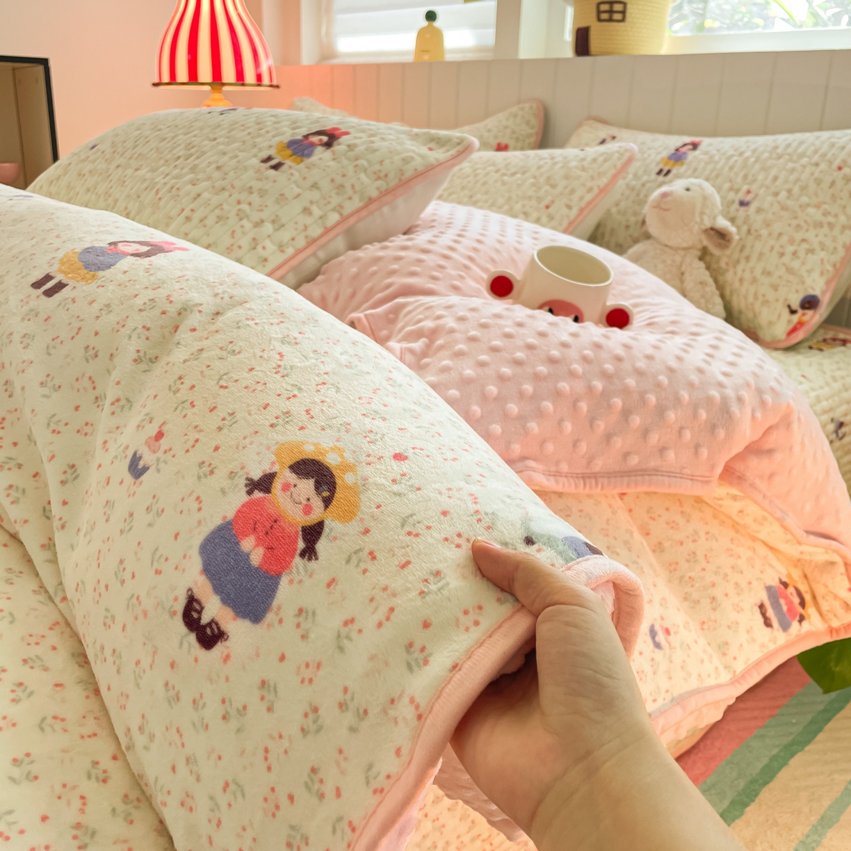 91家纺网 家纺一手货源 找家纺 贝扬思家纺 2025新款高克重牛奶绒豆豆被套床盖四件套-悦心系列 悦心-温柔痕迹