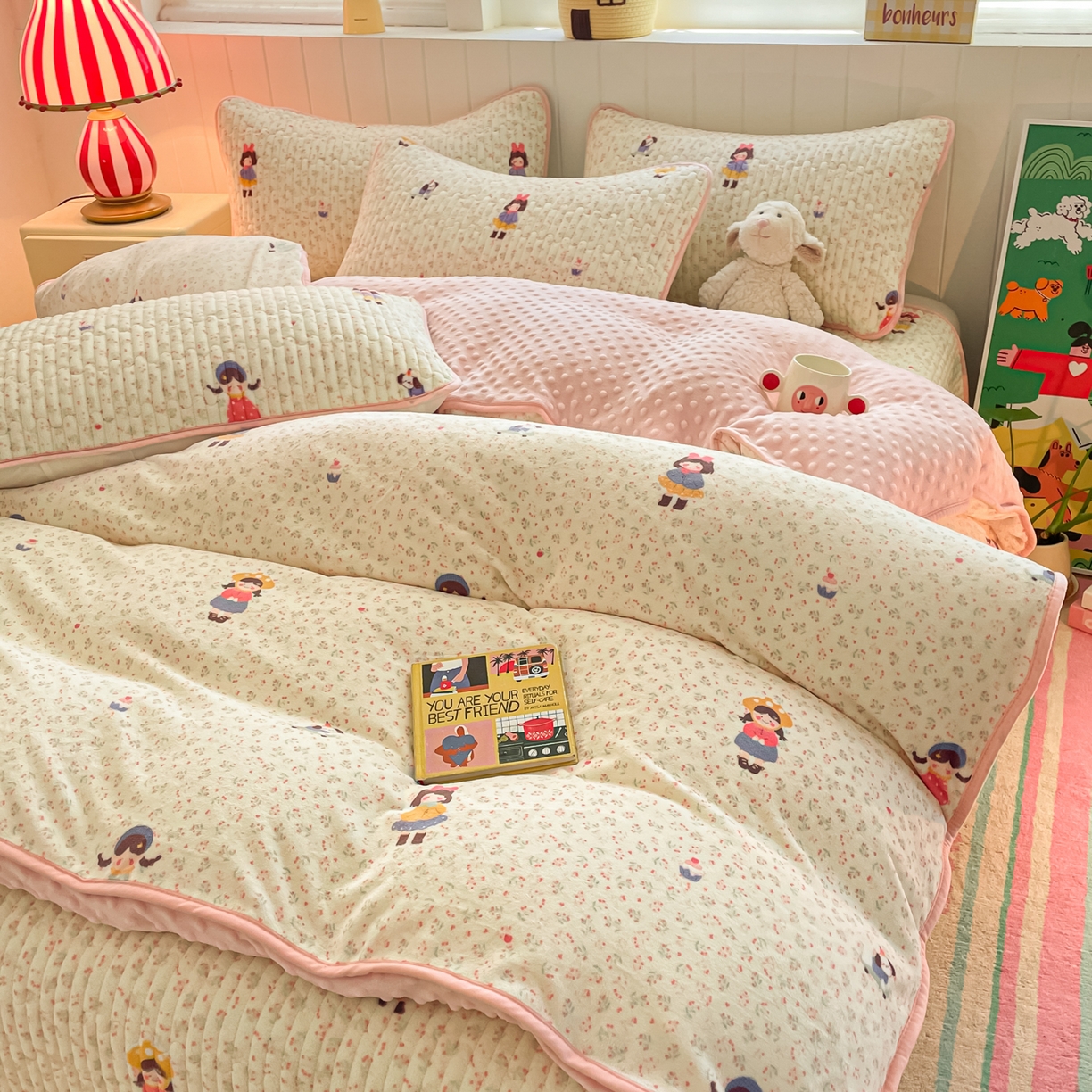 91家纺网 家纺一手货源 找家纺 贝扬思家纺 2025新款高克重牛奶绒豆豆被套床盖四件套-悦心系列 悦心-温柔痕迹